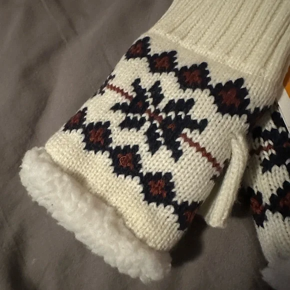 *HP* Timberland Womens Cream Fair Isle Fingerless Gloves Sherpa LINING : NWT - Picture 3 of 3